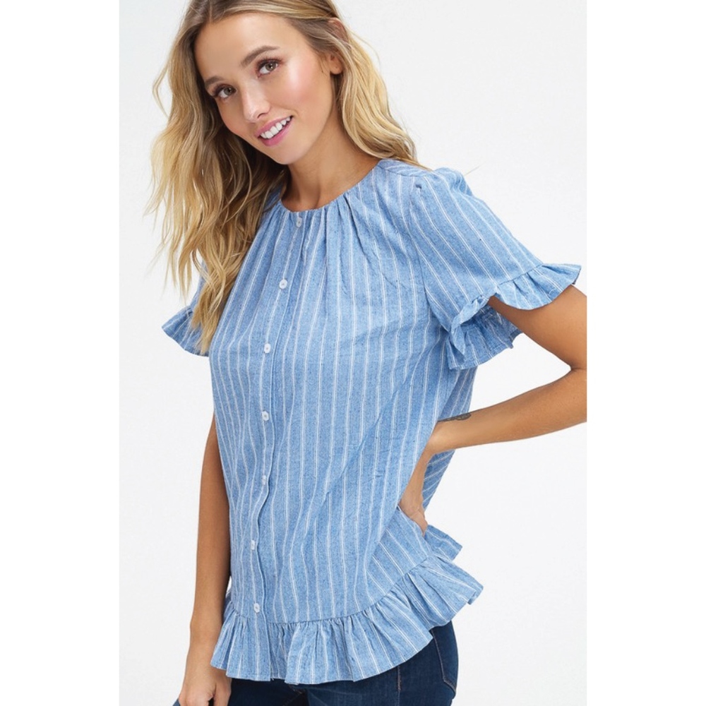 NWT ♡ Blue Striped Button Down Ruffle Top, ON SALE